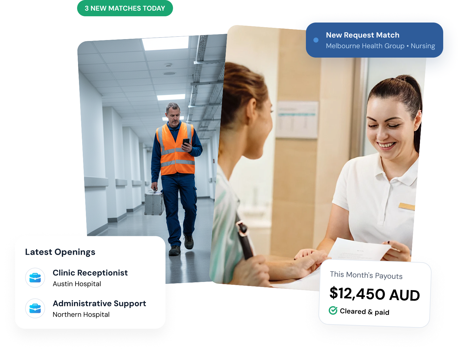 InfoCare dashboard showing new request matches, latest openings and monthly payouts